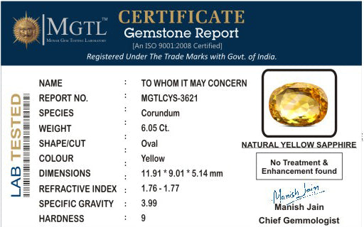 Yellow Sapphire - 6.05 Carats (Pukhraj - 6.59 Ratti)