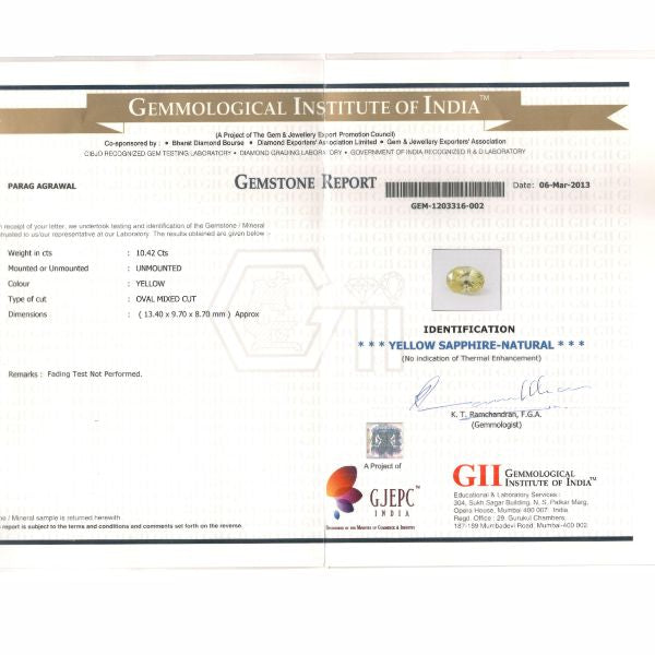 10.42 Carats Oval Yellow Sapphire