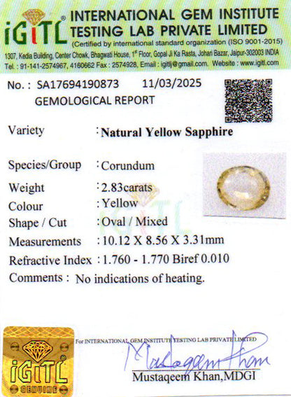 Yellow Sapphire (Pukhraj) - 2.83 Carats