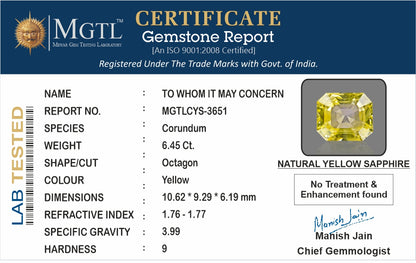 Yellow Sapphire - 6.45 Carats (Pukhraj - 7.03 Ratti)