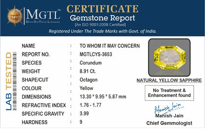 Yellow Sapphire - 8.91 Carats (Pukhraj - 9.71 Ratti)