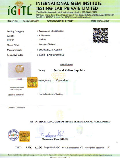 Yellow Sapphire - 4.10 Carats (Pukhraj - 4.47 Ratti)