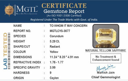Yellow Sapphire - 5.29 Carats (Pukhraj - 5.77 Ratti)