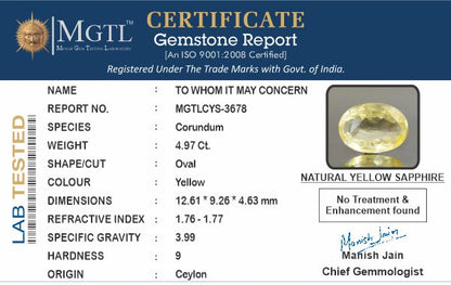 Yellow Sapphire - 4.97 Carats (Pukhraj - 5.42 Ratti)