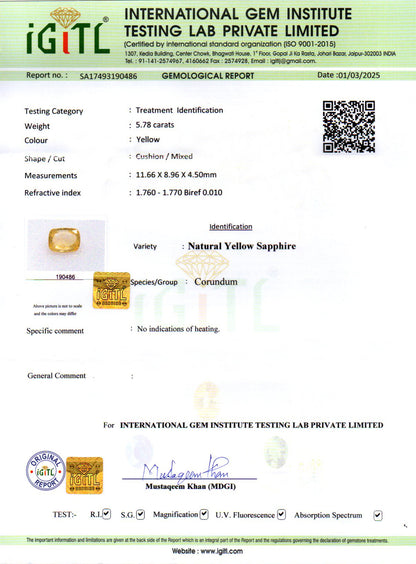 Yellow Sapphire - 5.78 Carats (Pukhraj - 6.30 Ratti)