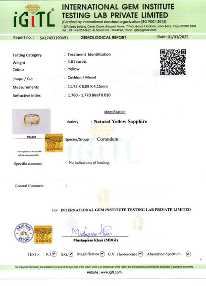 Yellow Sapphire - 4.61 Carats (Pukhraj - 5.02 Ratti)