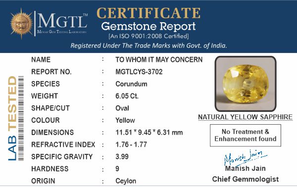 Yellow Sapphire - 6.05 Carats (Pukhraj - 6.59 Ratti)