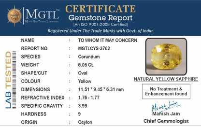 Yellow Sapphire - 6.05 Carats (Pukhraj - 6.59 Ratti)