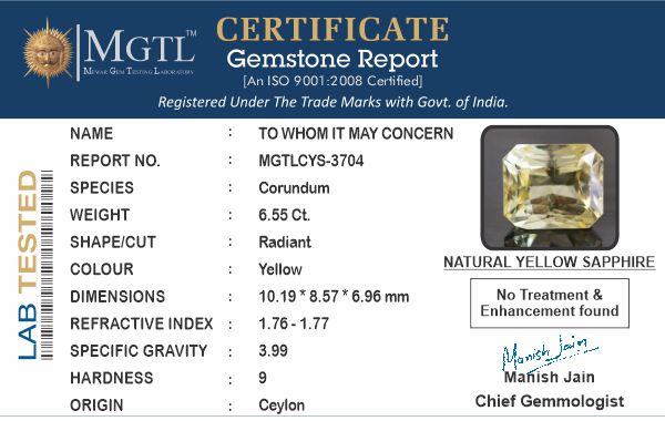 Yellow Sapphire - 6.55 Carats (Pukhraj - 7.14 Ratti)