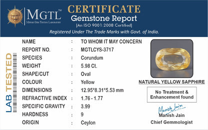 Yellow Sapphire - 5.98 Carats (Pukhraj - 6.52 Ratti)