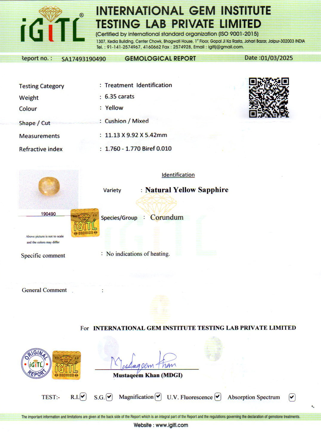 Yellow Sapphire - 6.35 Carats (Pukhraj - 6.92 Ratti)
