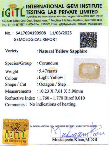 Yellow Sapphire - 5.47 Carats (Pukhraj - 5.96 Ratti)