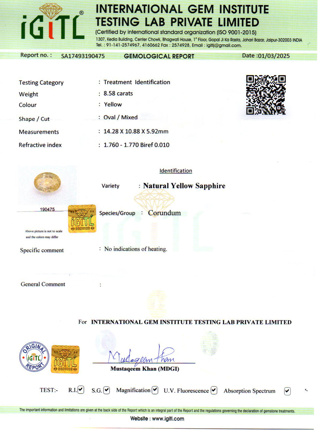 Yellow Sapphire - 8.58 Carats (Pukhraj - 9.35 Ratti)