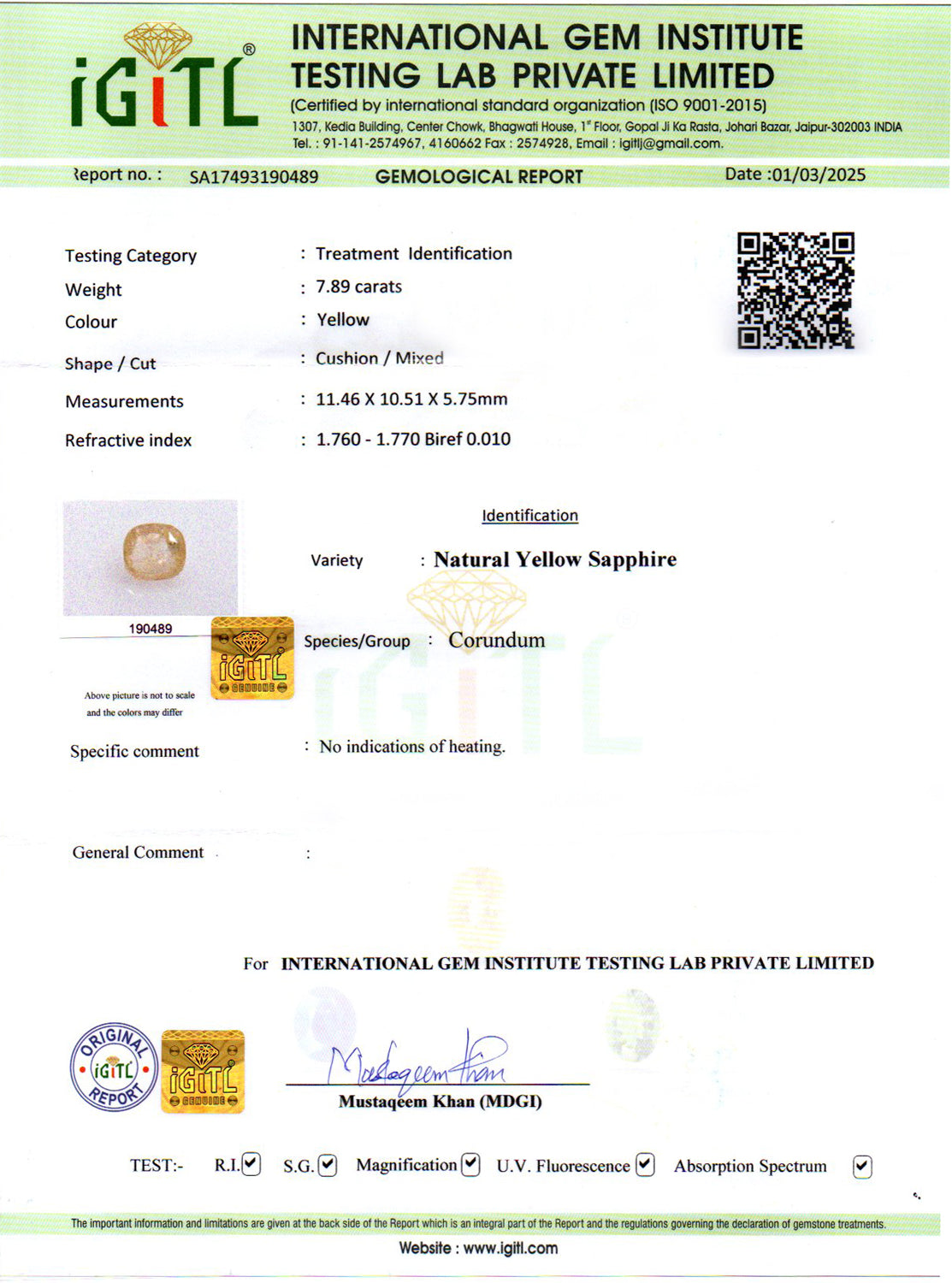 Yellow Sapphire - 7.89 Carats (Pukhraj - 8.60 Ratti)
