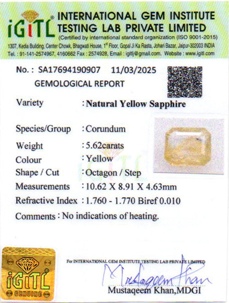 Yellow Sapphire - 5.62 Carats (Pukhraj - 6.13 Ratti)