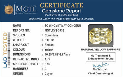Yellow Sapphire - 6.08 Carats (Pukhraj - 6.63 Ratti)