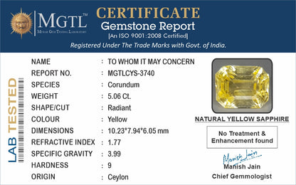 Yellow Sapphire - 5.06 Carats (Pukhraj - 5.52 Ratti)