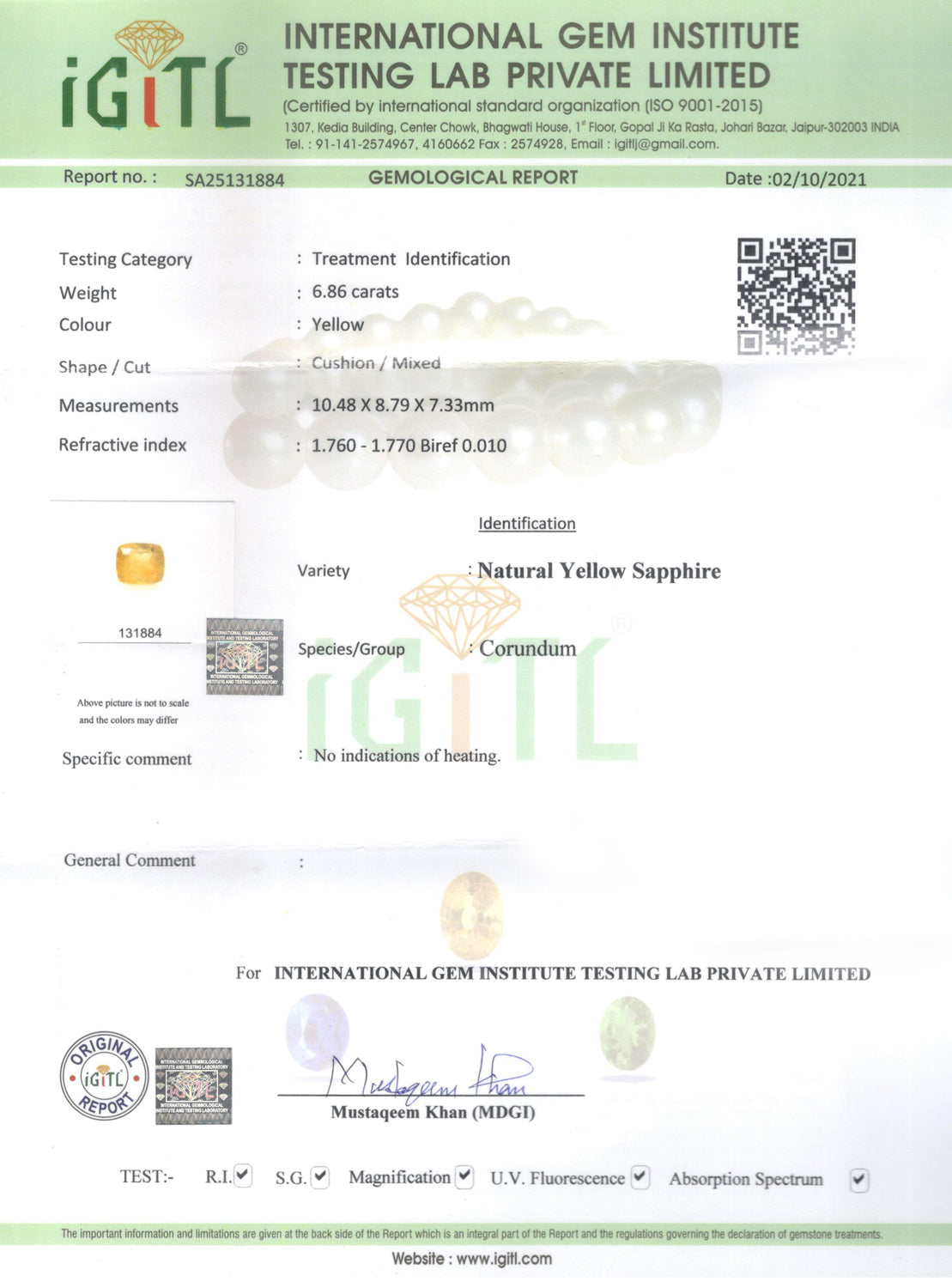 Yellow Sapphire - 6.86 Carats (Pukhraj - 7.48 Ratti)
