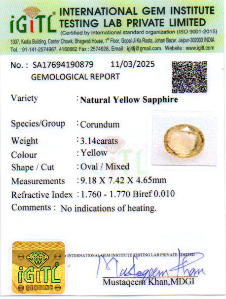Yellow Sapphire - 3.14 Carats (Pukhraj - 3.42 Ratti)