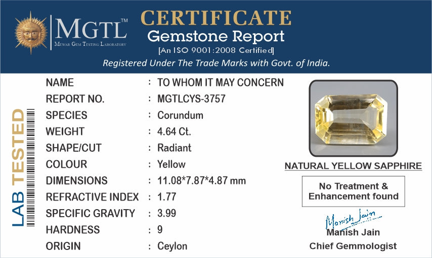 Yellow Sapphire - 4.64 Carats (Pukhraj - 5.06 Ratti)