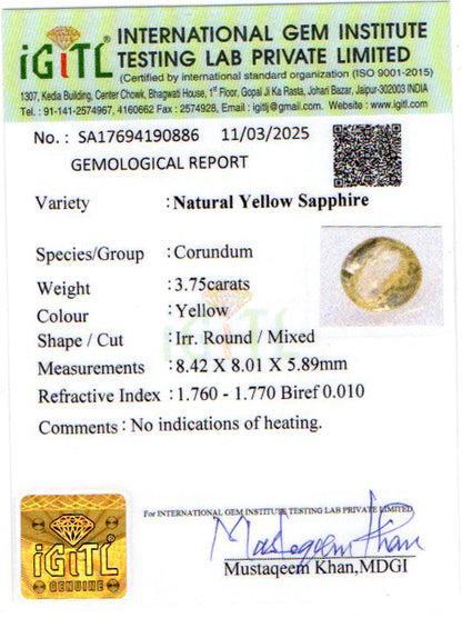 Yellow Sapphire - 3.75 Carats (Pukhraj - 4.09 Ratti)