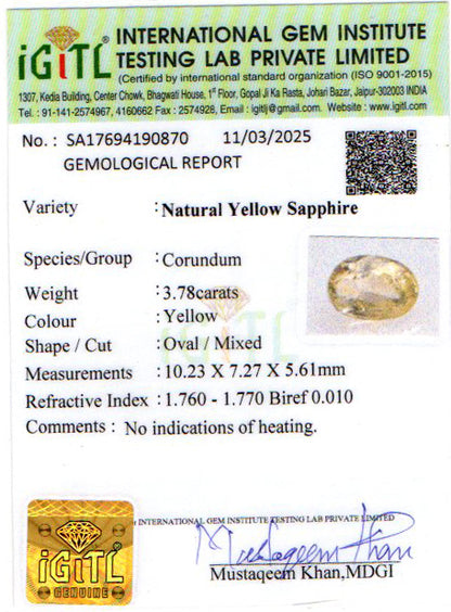 Yellow Sapphire - 3.78 Carats (Pukhraj - 4.12 Ratti)