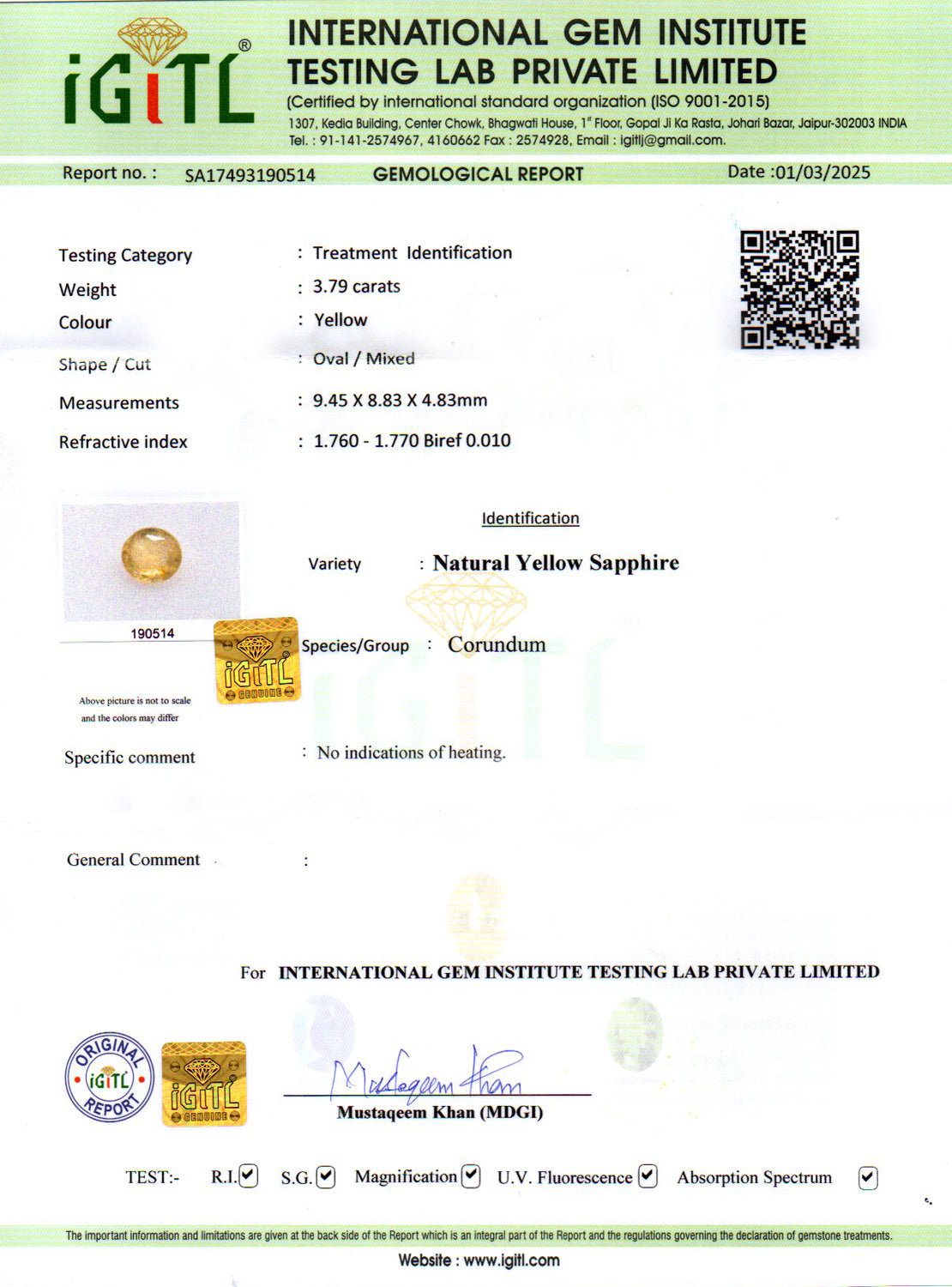 Yellow Sapphire - 3.79 Carats (Pukhraj - 4.13 Ratti)