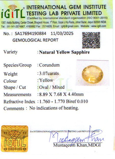 Yellow Sapphire - 3.07 Carats (Pukhraj - 3.35 Ratti)