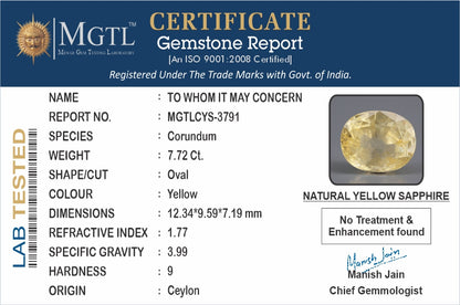 Yellow Sapphire - 7.72 Carats (Pukhraj - 8.41 Ratti)
