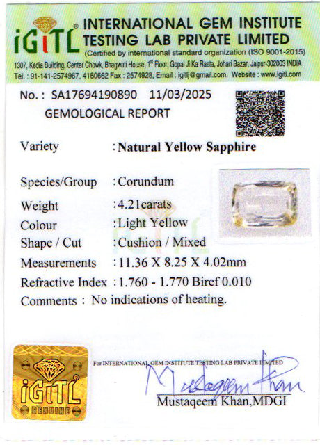 Yellow Sapphire - 4.21 Carats (Pukhraj - 4.59 Ratti)