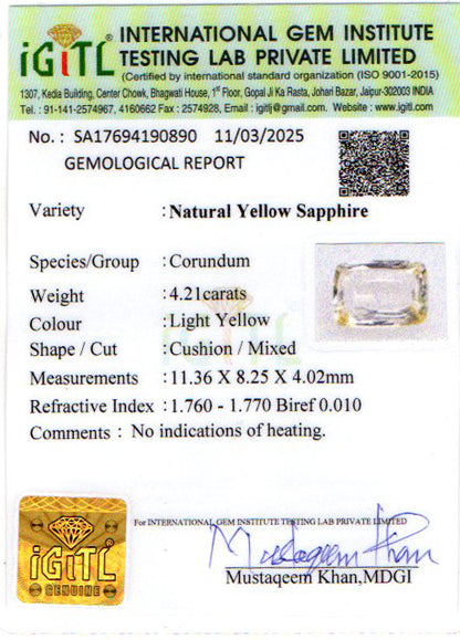 Yellow Sapphire - 4.21 Carats (Pukhraj - 4.59 Ratti)