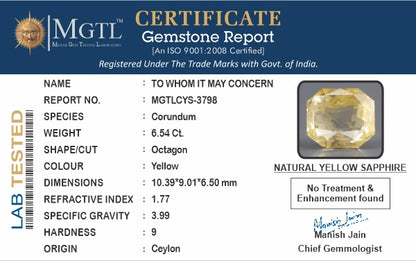 Yellow Sapphire - 6.54 Carats (Pukhraj - 7.13 Ratti)
