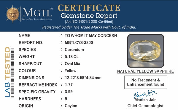 Yellow Sapphire - 5.18 Carats (Pukhraj - 5.65 Ratti)