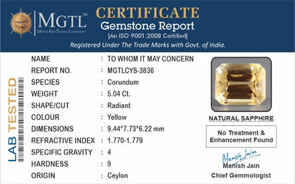 Yellow Sapphire - 5.04 Carats (Pukhraj - 5.49 Ratti)