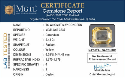 Yellow Sapphire - 4.13 Carats (Pukhraj - 4.50 Ratti)