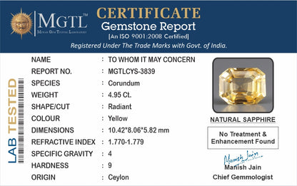 Yellow Sapphire - 4.95 Carats (Pukhraj - 5.40 Ratti)