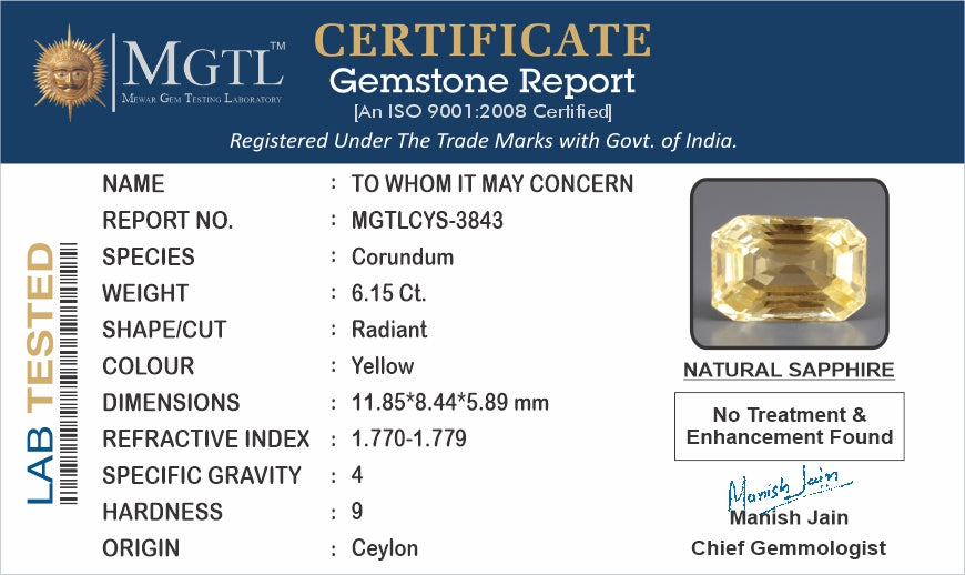 Yellow Sapphire - 6.15 Carats (Pukhraj - 6.70 Ratti)