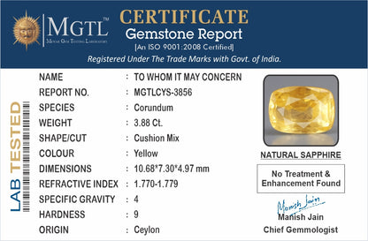 Yellow Sapphire - 3.88 Carats (Pukhraj - 4.23 Ratti)