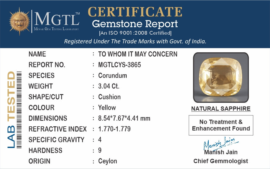 Yellow Sapphire - 3.04 Carats (Pukhraj - 3.31 Ratti)