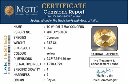 Yellow Sapphire - 2.58 Carats (Pukhraj - 2.81 Ratti)