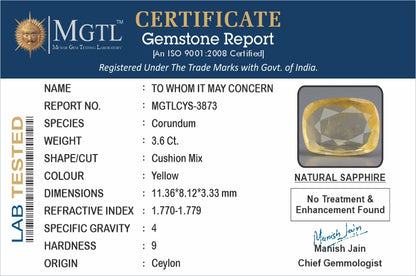 Yellow Sapphire (Pukhraj) - 3.60 Carats