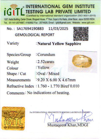Yellow Sapphire - 2.52 Carats (Pukhraj - 2.75 Ratti)