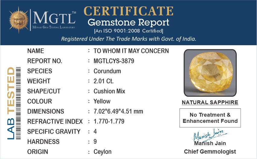 Yellow Sapphire - 2.01 Carats (Pukhraj - 2.19 Ratti)