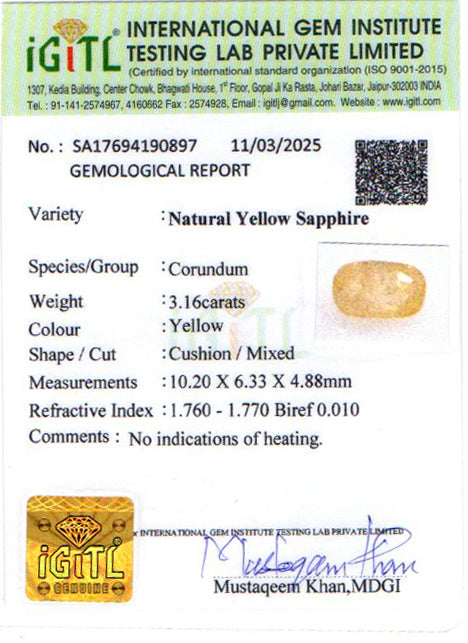 Yellow Sapphire (Pukhraj) - 3.16 Carats