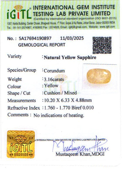 Yellow Sapphire (Pukhraj) - 3.16 Carats