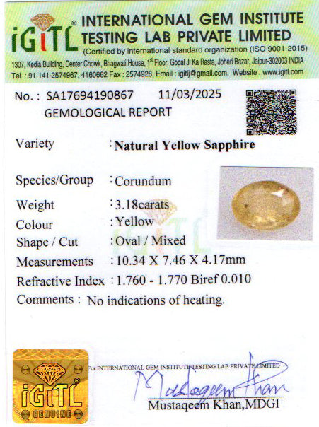 Yellow Sapphire (Pukhraj) - 3.19 Carats