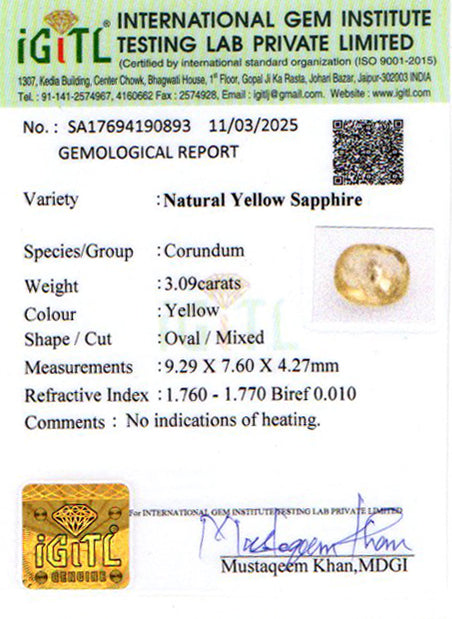 Yellow Sapphire - 3.09 Carats (Pukhraj - 3.37 Ratti)