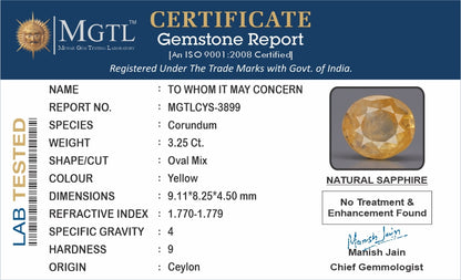 Yellow Sapphire - 3.25 Carats (Pukhraj - 3.54 Ratti)