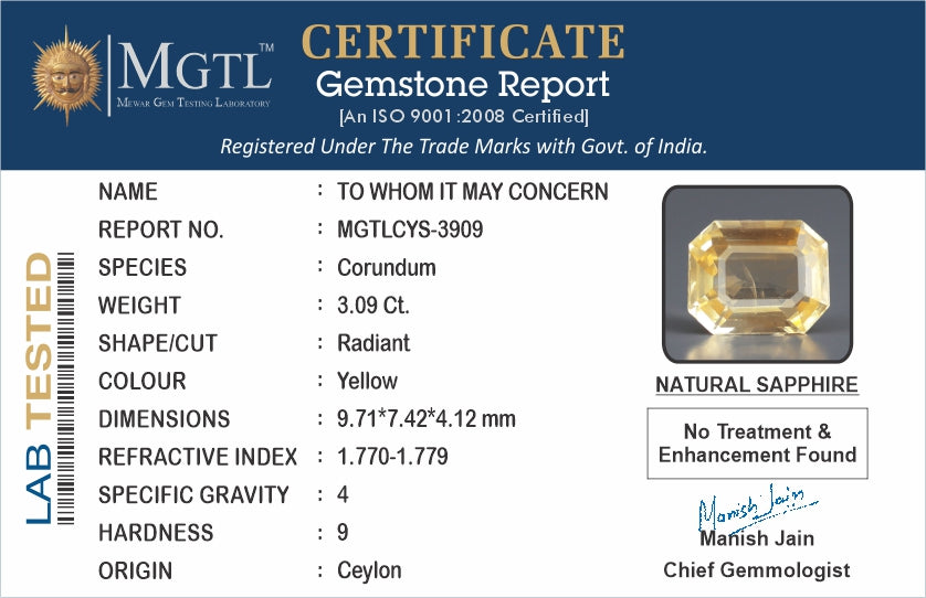 Yellow Sapphire - 3.09 Carats (Pukhraj - 3.37 Ratti)