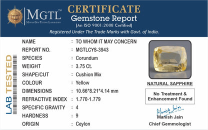 Yellow Sapphire - 3.75 Carats (Pukhraj - 4.09 Ratti)